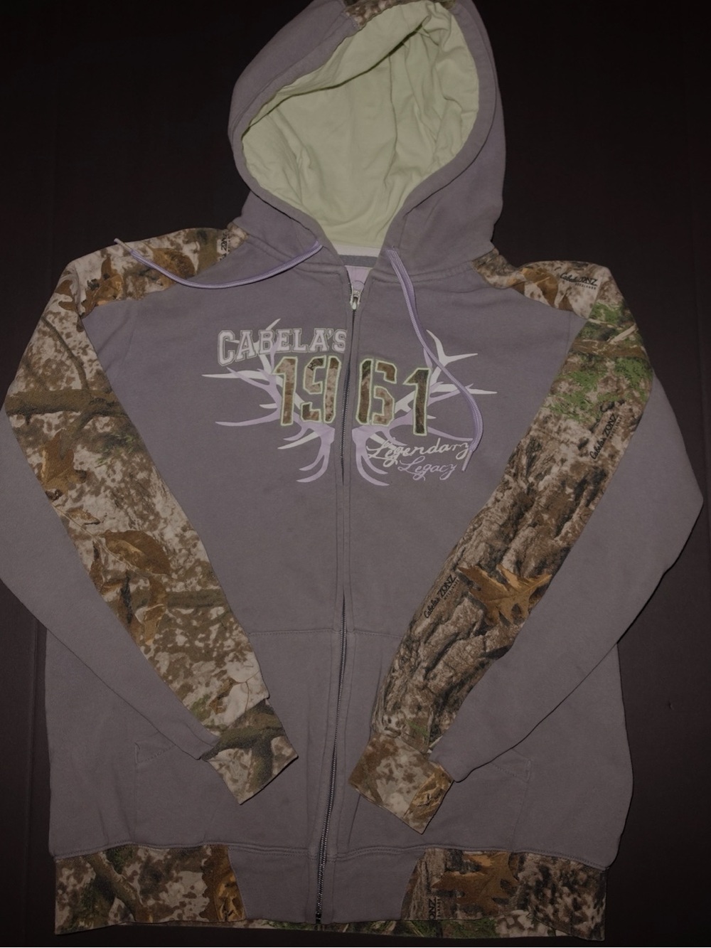 Cabela's Lavender Zip-Up Hoodie with Realtree Camo Sleeves